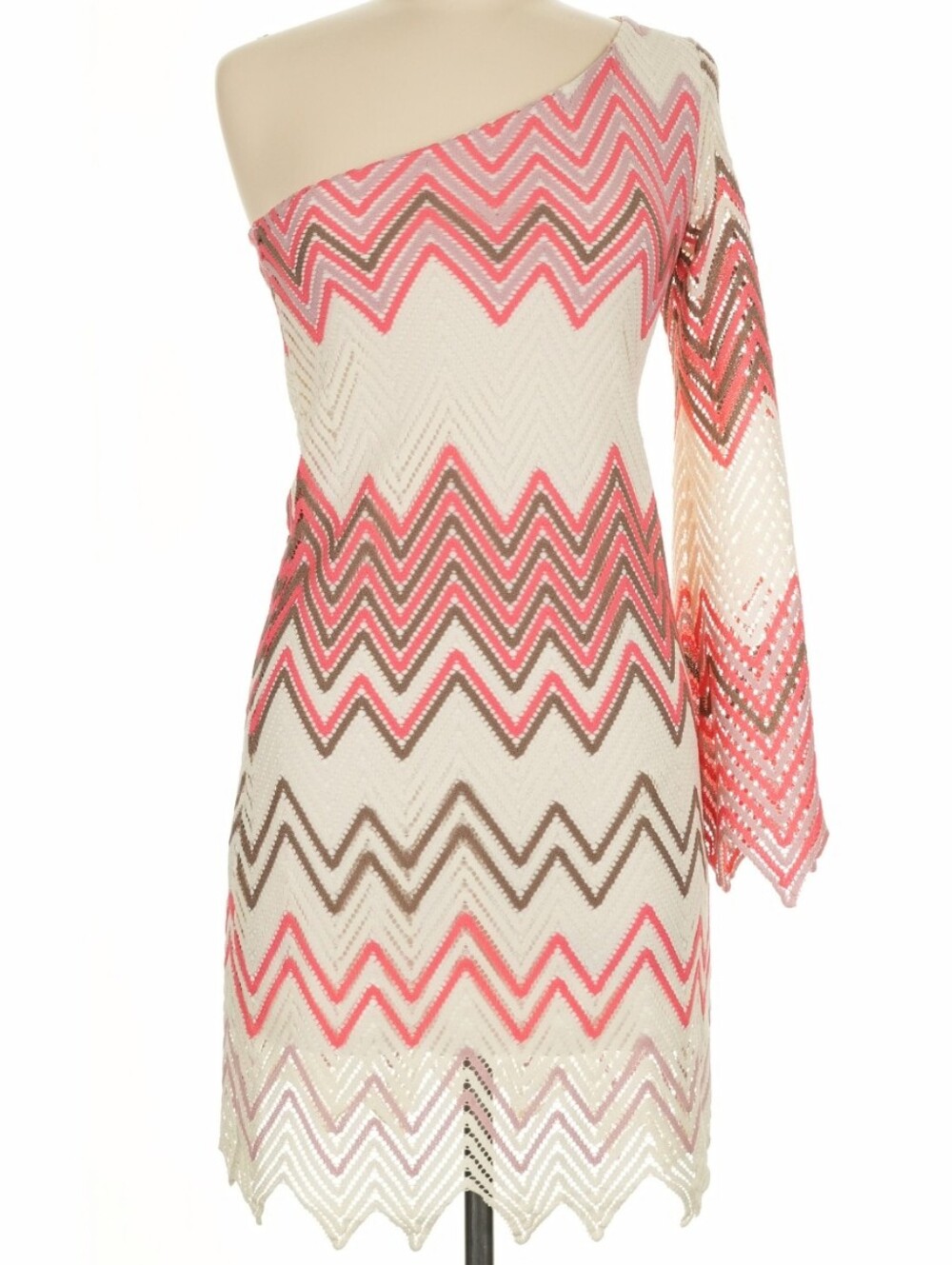 Mono B Long Sleeve One-Shoulder Chevron Knit Boho Mini Dress, M, Ivory/Pink